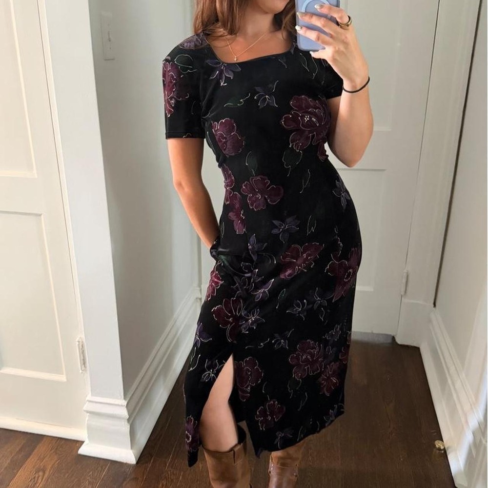 Vintage Worthington Floral Velvet Midi Dress 90s Whimsigoth Black Purple 12P